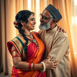 A traditional, blouseless, beautiful, and voluptuous Hindu woman is lovingly embracing a conservative, bearded, aged Muslim man
