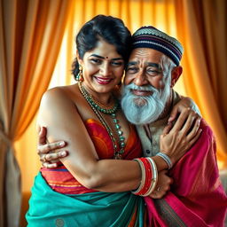 A traditional, blouseless, beautiful, and voluptuous Hindu woman is lovingly embracing a conservative, bearded, aged Muslim man