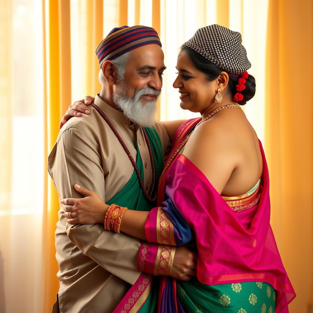 A traditional, blouseless, beautiful, and voluptuous Hindu woman is lovingly embracing a conservative, bearded, aged Muslim man