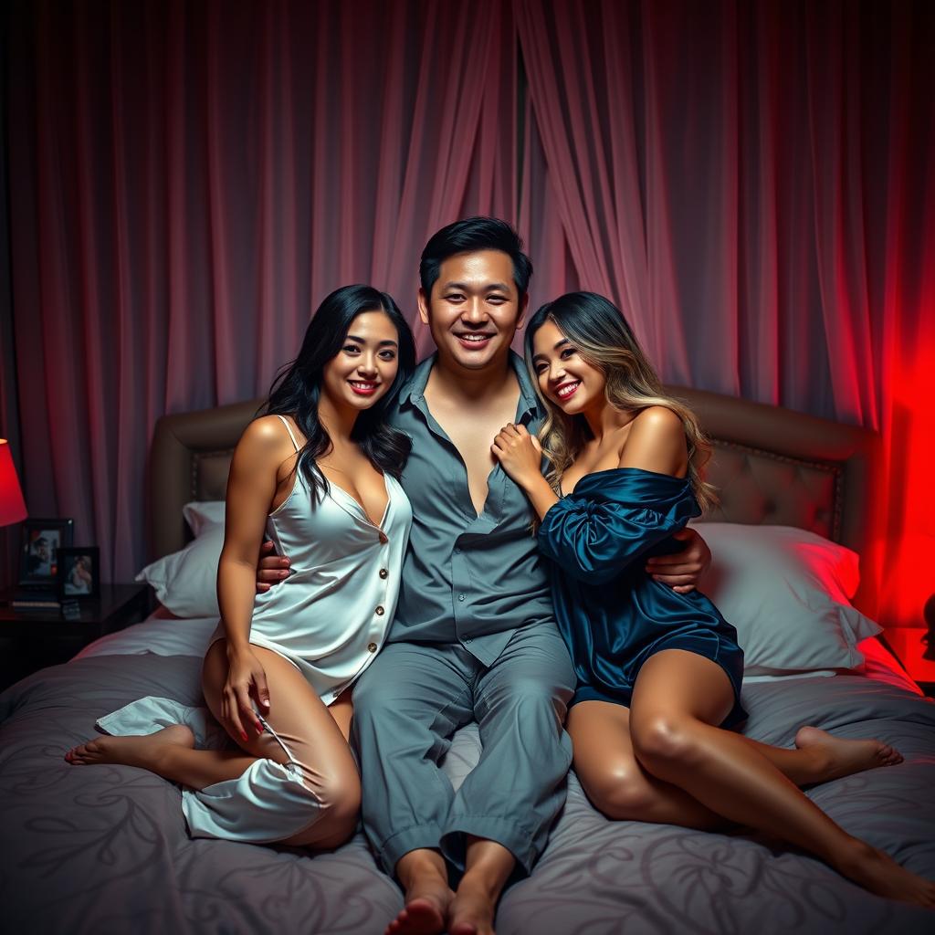 An enchanting nighttime scene in a cozy bedroom featuring a Chinese man embracing two beautiful, sexy women, all wearing stylish pajamas