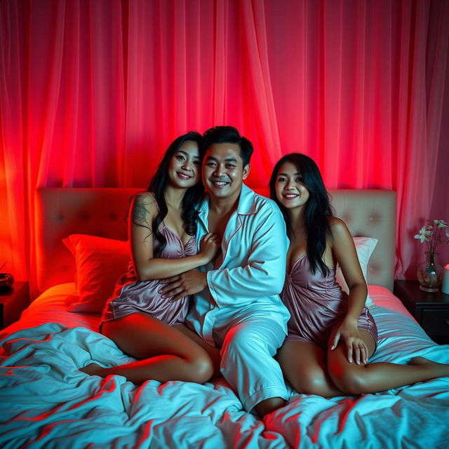 An enchanting nighttime scene in a cozy bedroom featuring a Chinese man embracing two beautiful, sexy women, all wearing stylish pajamas