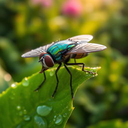 A highly detailed close-up of a vibrant fly perched on a dewy green leaf