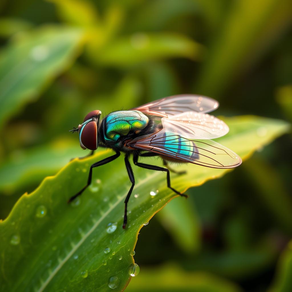 A highly detailed close-up of a vibrant fly perched on a dewy green leaf