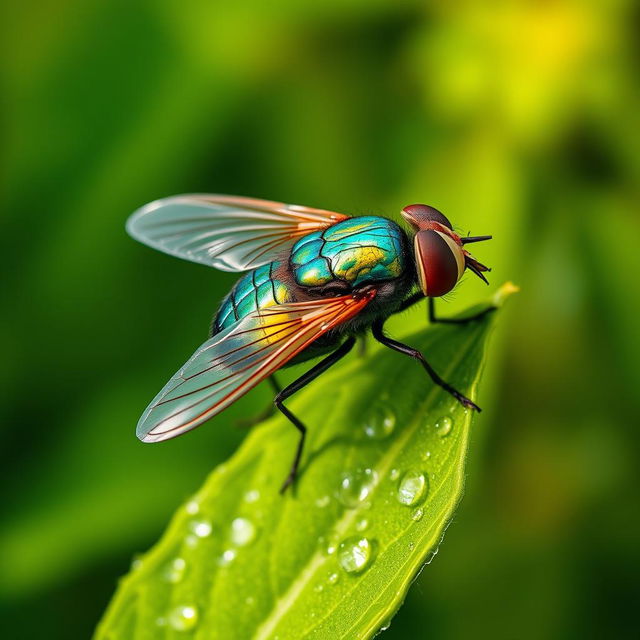 A highly detailed close-up of a vibrant fly perched on a dewy green leaf