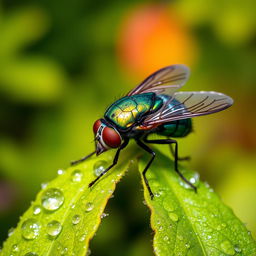 A highly detailed close-up of a vibrant fly perched on a dewy green leaf