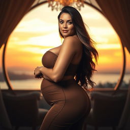 A beautiful woman with a large, shapely figure confidently posing in an elegant setting