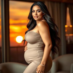 A beautiful woman with a large, shapely figure confidently posing in an elegant setting
