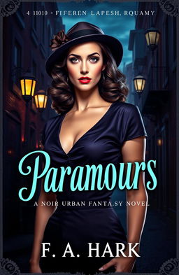 A captivating retro style book cover for a noir urban fantasy novel titled 'Paramours' by F
