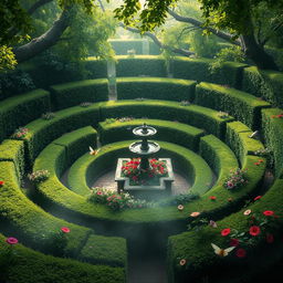 A captivating labyrinth set in an enchanted forest, featuring high hedges of rich green foliage and vibrant blooms