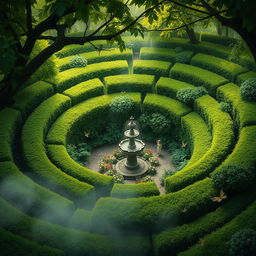 A captivating labyrinth set in an enchanted forest, featuring high hedges of rich green foliage and vibrant blooms