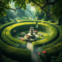 A captivating labyrinth set in an enchanted forest, featuring high hedges of rich green foliage and vibrant blooms