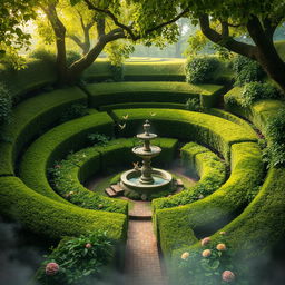 A captivating labyrinth set in an enchanted forest, featuring high hedges of rich green foliage and vibrant blooms
