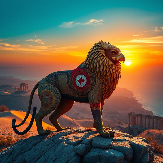 A majestic representation of Tunisia embodied as a powerful animal, showcasing the essence of the country’s landscapes and culture