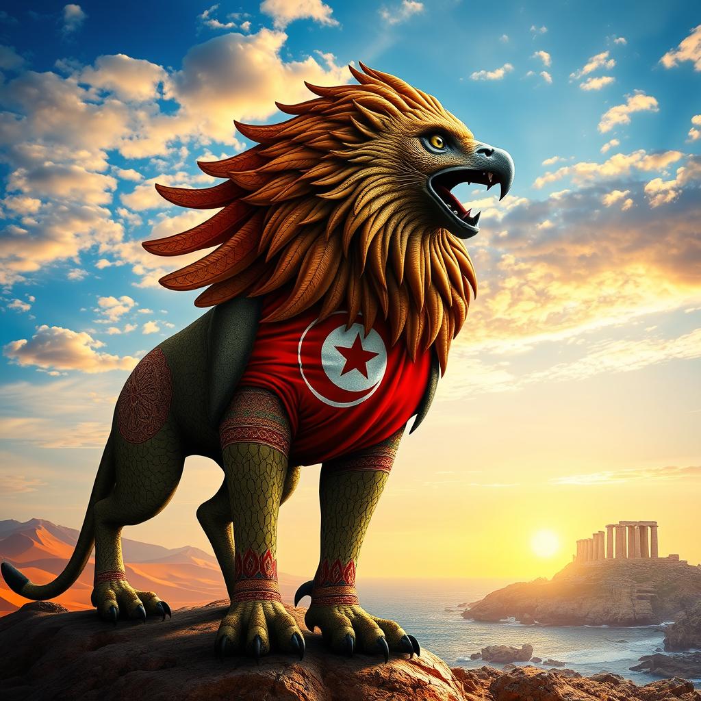 A majestic representation of Tunisia embodied as a powerful animal, showcasing the essence of the country’s landscapes and culture