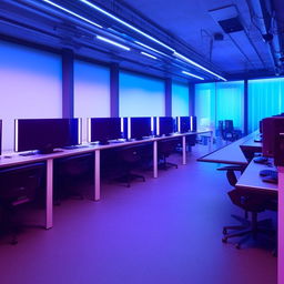 An array of modern computer tables in a well-lit room. Each table is equipped with high-tech computers, ergonomic chairs, and accessories like headphones and mouse pads.