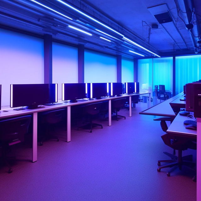 An array of modern computer tables in a well-lit room. Each table is equipped with high-tech computers, ergonomic chairs, and accessories like headphones and mouse pads.