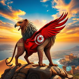 A majestic representation of Tunisia embodied as a powerful animal, showcasing the essence of the country’s landscapes and culture