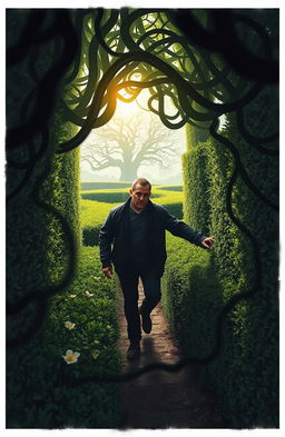 A dramatic and mysterious scene depicting a man navigating through a complex, intricate maze made of tall hedges