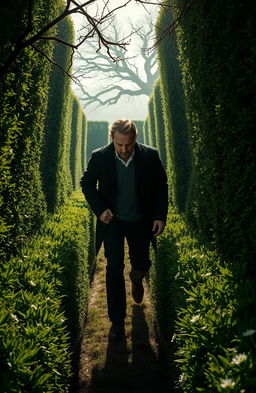 A dramatic and mysterious scene depicting a man navigating through a complex, intricate maze made of tall hedges