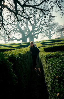 A dramatic and mysterious scene depicting a man navigating through a complex, intricate maze made of tall hedges