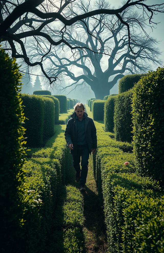 A dramatic and mysterious scene depicting a man navigating through a complex, intricate maze made of tall hedges