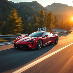 A sleek modern sports car speeding down a winding mountain road, surrounded by lush, green trees and breathtaking mountain scenery
