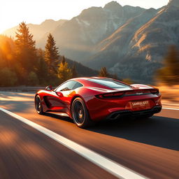 A sleek modern sports car speeding down a winding mountain road, surrounded by lush, green trees and breathtaking mountain scenery