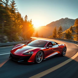 A sleek modern sports car speeding down a winding mountain road, surrounded by lush, green trees and breathtaking mountain scenery