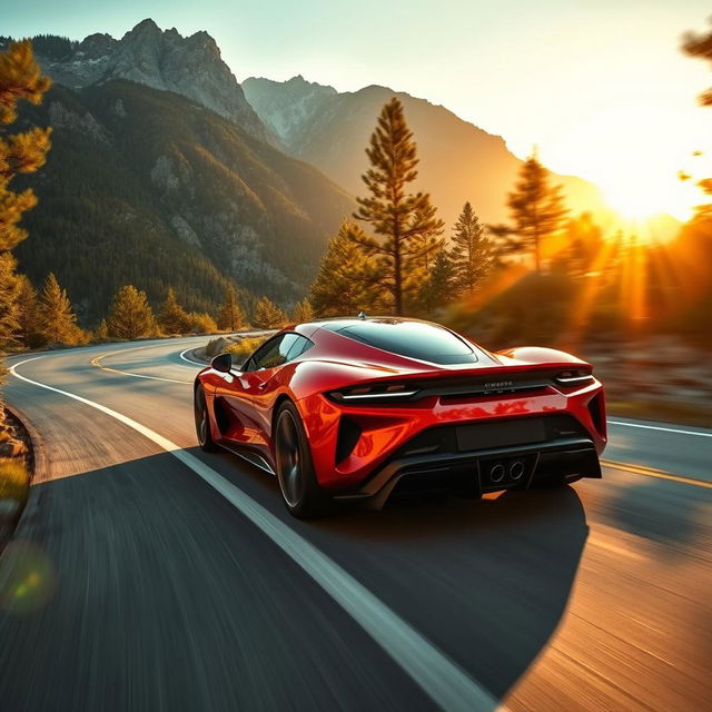 A sleek modern sports car speeding down a winding mountain road, surrounded by lush, green trees and breathtaking mountain scenery