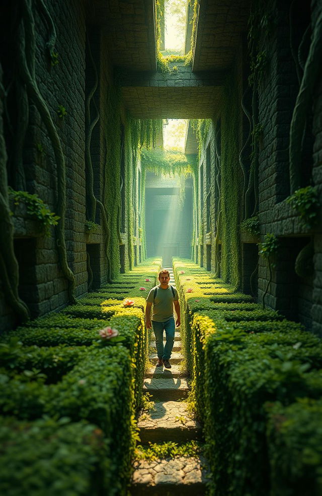 A surreal and intricate maze, depicting a lone man navigating through a complex labyrinth