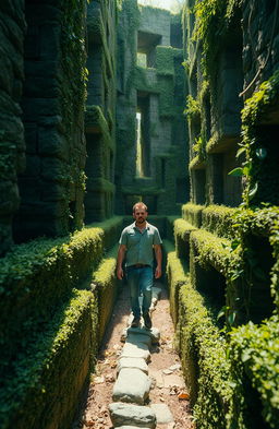 A surreal and intricate maze, depicting a lone man navigating through a complex labyrinth