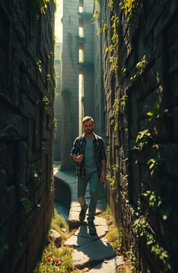 A surreal and intricate maze, depicting a lone man navigating through a complex labyrinth
