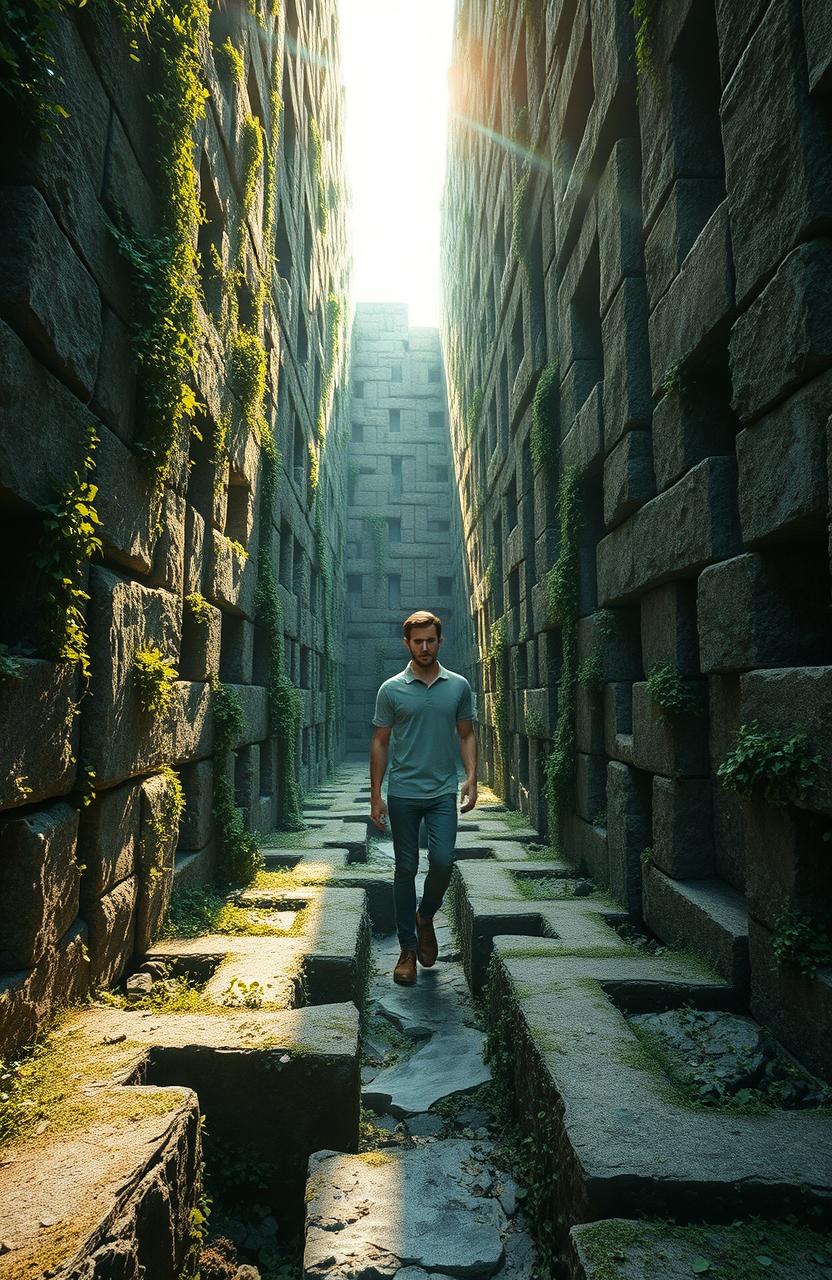 A surreal and intricate maze, depicting a lone man navigating through a complex labyrinth