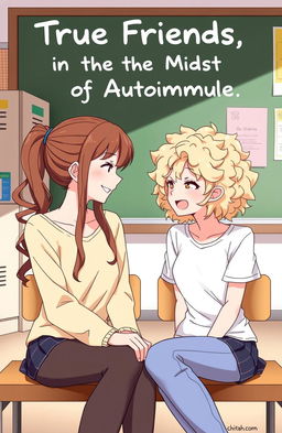 Two female characters sitting together in a school setting, deep in conversation