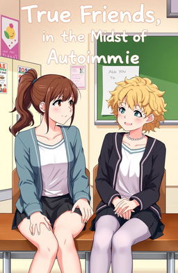 Two female characters sitting together in a school setting, deep in conversation