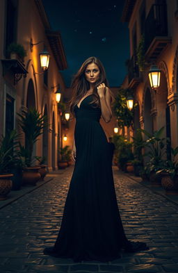 A mysterious woman clad in a flowing black dress, standing gracefully on the cobbled streets of a Morocco-inspired city at night