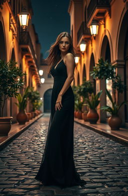 A mysterious woman clad in a flowing black dress, standing gracefully on the cobbled streets of a Morocco-inspired city at night