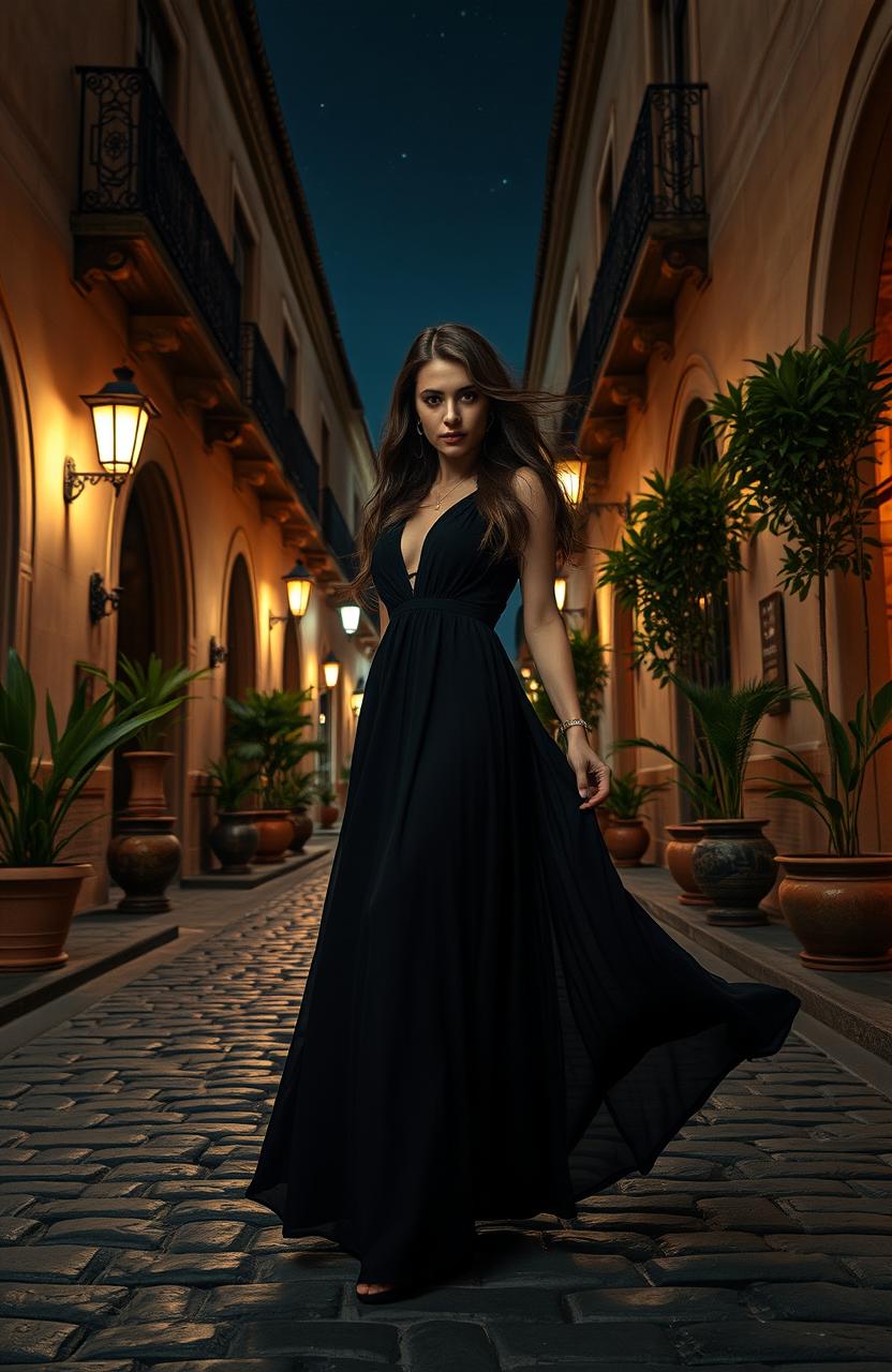 A mysterious woman clad in a flowing black dress, standing gracefully on the cobbled streets of a Morocco-inspired city at night