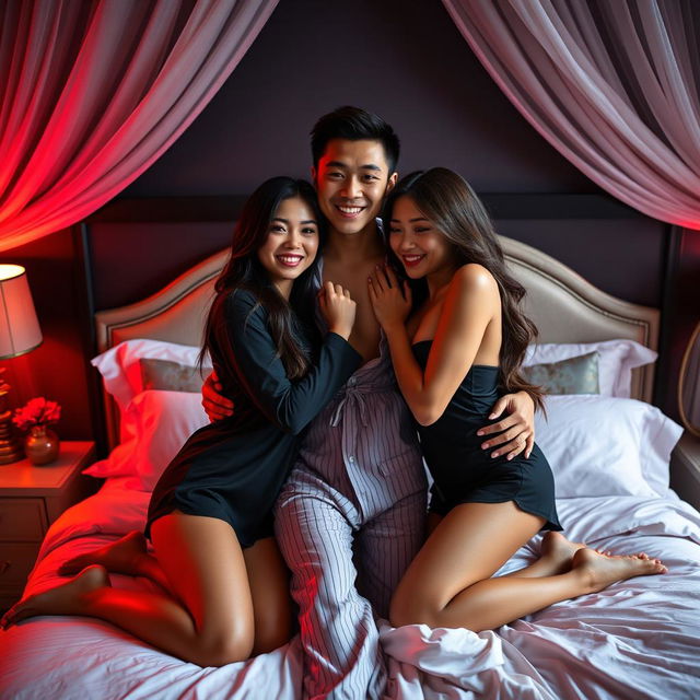 A captivating nighttime scene in a beautifully decorated bedroom, showcasing a Chinese man joyfully hugging two stunning, sexy women, all dressed in stylish pajamas