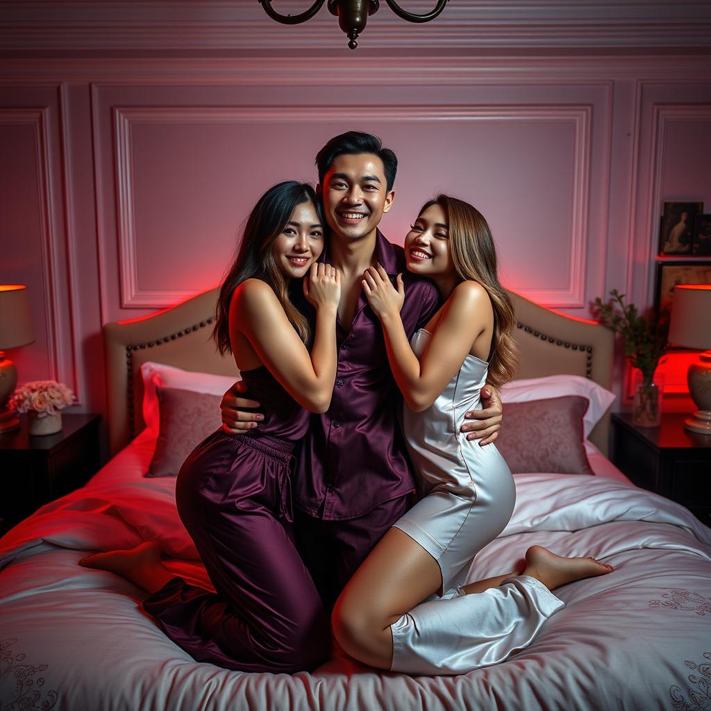 A captivating nighttime scene in a beautifully decorated bedroom, showcasing a Chinese man joyfully hugging two stunning, sexy women, all dressed in stylish pajamas