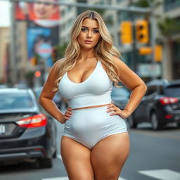 A sexy, beautiful, innocent, and cute young woman with a voluptuous and curvy figure is standing confidently in traffic at a busy downtown intersection