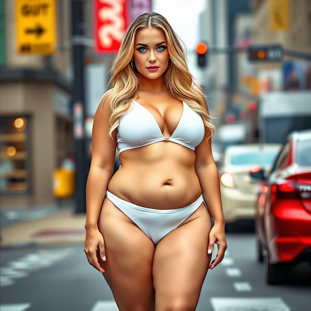 A sexy, beautiful, innocent, and cute young woman with a voluptuous and curvy figure is standing confidently in traffic at a busy downtown intersection