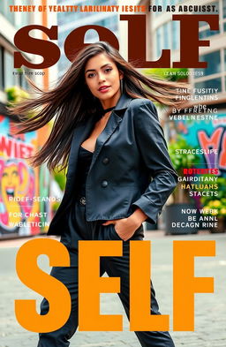A stylish, modern magazine cover featuring a confident, fashion-forward woman posing in a vibrant urban setting