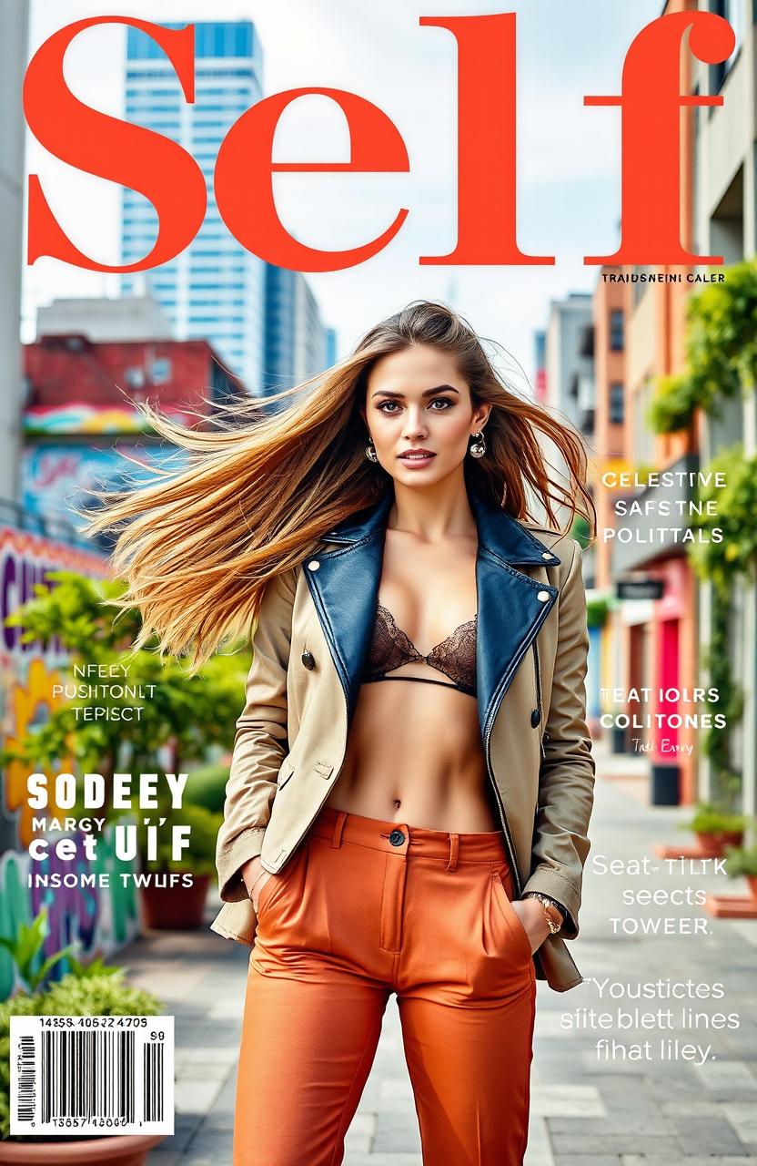 A stylish, modern magazine cover featuring a confident, fashion-forward woman posing in a vibrant urban setting