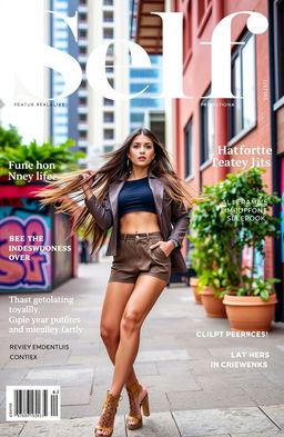 A stylish, modern magazine cover featuring a confident, fashion-forward woman posing in a vibrant urban setting