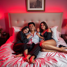 A cozy and intimate nighttime scene in a beautifully decorated bedroom, where a Chinese man is lying down and lovingly hugging two beautiful, sexy women dressed in stylish pajamas