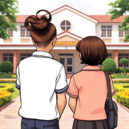 Dua siswi berdiri di depan sekolah, tersenyum dan bertukar cerita