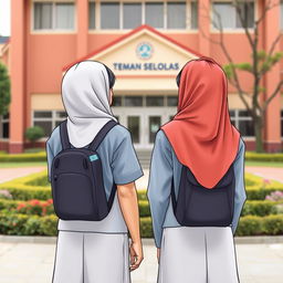 Dua siswi berdiri di depan sekolah, tersenyum dan bertukar cerita