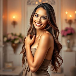 A captivating and elegant portrait of a confident woman showcasing grace and charm, posed in an artistic manner