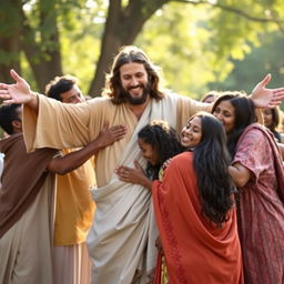A warm and uplifting scene capturing Jesus with open arms, hugging a diverse group of people including men, women, and children, showcasing a blend of cultures and ethnicities